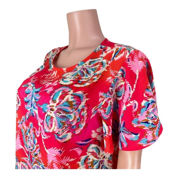 W5 Women Bright Red Floral Print Top Blouse SZ L  Flared Short Sleeve Pullover - Picture 10 of 11